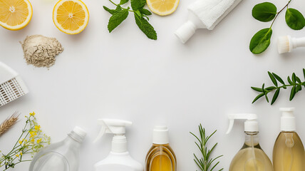 Natural cleaning products and ingredients displayed on white background, suggesting eco-friendly cleaning.