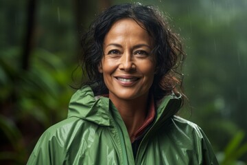 Portrait of a grinning indian woman in her 50s wearing a functional windbreaker over lush tropical...