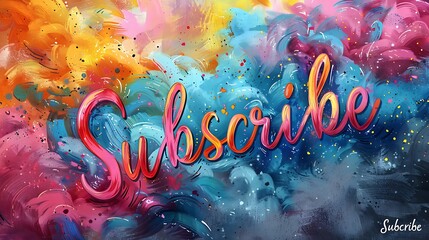an artistic Subscribe card with abstract brushstroke lettering on a vibrant rainbow background,...
