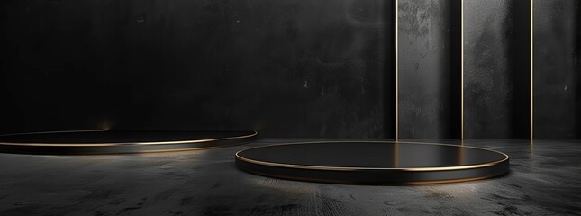 podium with 3d studio stage pedestal on black and gold background.