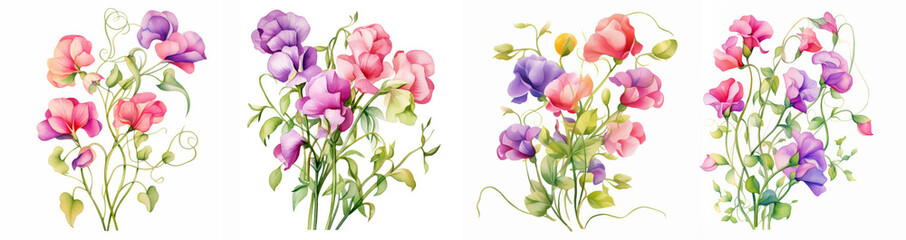 Watercolor sweet pea clipart isolated on transparent background - obrazy, fototapety, plakaty