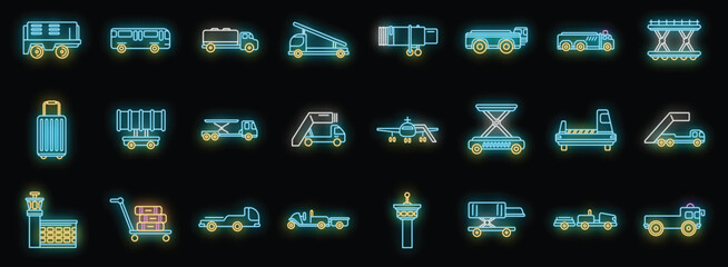 Airport ground support service icons set outline vector. Cargo aero. Tail airplane neon color on black - 787020810