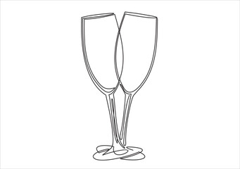 One line champagne toast. Continuous linear couple wine glasses clink. Wedding party cheers. Minimalist new year celebration vector concept