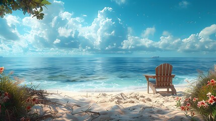a beach chair placed on the sandy shore, offering a quiet retreat for relaxation and contemplation amidst the beauty of the ocean vista, in stunning 8k full ultra HD. - obrazy, fototapety, plakaty