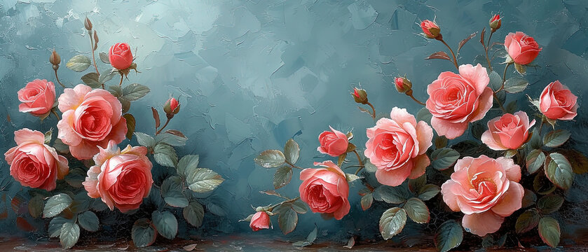 painting of a bunch of pink roses on a blue background
