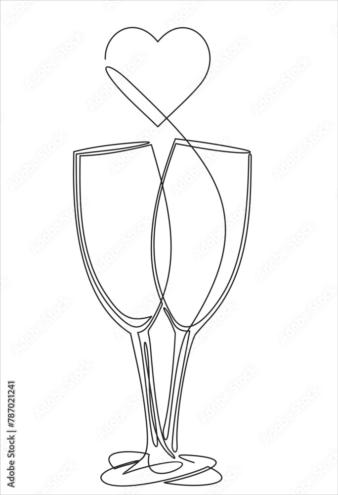 Poster continuous one line drawing of cheers two glasses with champagne and heart. romantic toast concept i