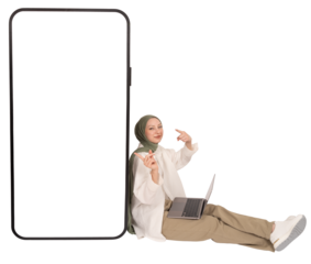 Great mobile app, full body size caucasian muslim woman hijab sit floor with laptop leaning back huge mobile phone mock up pointing empty blank white touch screen. Banner, advertisement design idea.