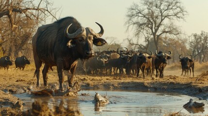 A serene buffalo leads its herd across a shallow muddy waterhole in a tranquil, natural landscape, showcasing wildlife in their habitat