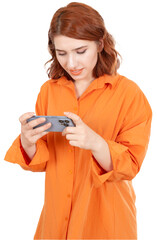 Play online mobile game, photo of focused young red bob hair woman play online mobile game. Posing...