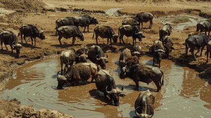A single buffalo forges through a muddy watering hole, leading the herd in search of sustenance in a stark reminder of nature's cycles