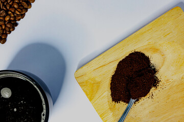 coffee bean mug and ground on white background