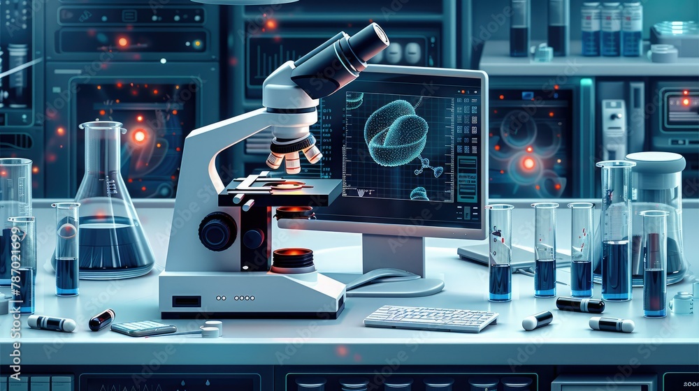 Poster A laboratory of the future. There is a microscope, a computer, and other scientific equipment. The microscope is being used to examine a sample of DNA. Vector illustration style. Generative AI.