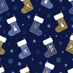 Vector seamless pattern of Christmas Socks and Snow flakes Texture. Ornamental Christmas Decorations Seamless Pattern. can be used for prints, background backdrop with snow fall landscape.