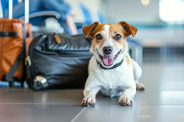 holiday vacation jack russell dog waiting in airport terminal ready to board the airplane or plane at the gate, luggage or bag to the side
