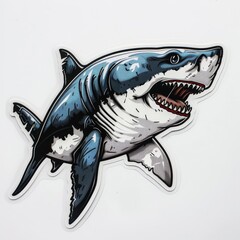 A cartoon great white shark with its mouth open and teeth bared. The shark is blue and white, with a large dorsal fin. - obrazy, fototapety, plakaty