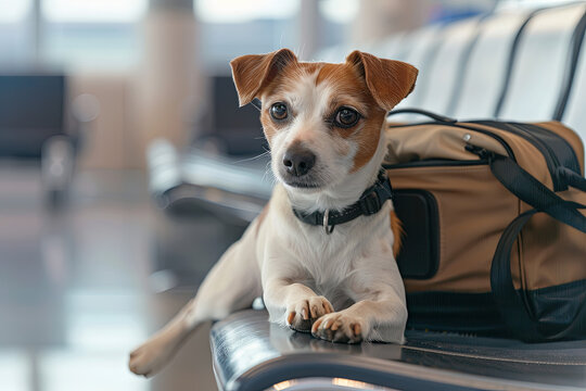 holiday vacation jack russell dog waiting in airport terminal ready to board the airplane or plane at the gate, luggage or bag to the side
