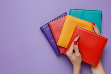 Colourful bags purses on purple background. Woman hand with red manicured nails holding wallet
