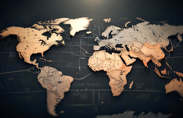 Map of the world on a dark background. 3d rendering.