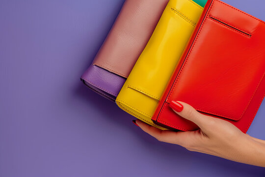Colourful bags purses on purple background. Woman hand with red manicured nails holding wallet
