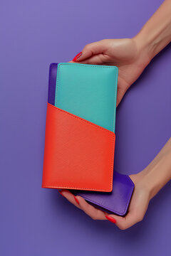 Colourful bags purses on purple background. Woman hand with red manicured nails holding wallet
