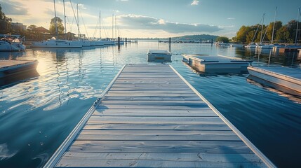 Modern pontoon floating dock in a small marina. Generative AI. - obrazy, fototapety, plakaty
