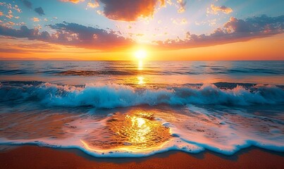 AI generated illustration of a sunrise on a sandy beach at sunset with ocean waves - obrazy, fototapety, plakaty