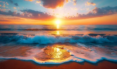 Fotobehang AI generated illustration of a sunrise on a sandy beach at sunset with ocean waves © Wirestock