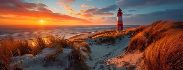 AI generated illustration of a lighthouse on sandy dunes and grass under cloudy sky - obrazy, fototapety, plakaty