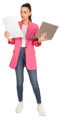 Focused businesswoman, full body length brunette caucasian focused businesswoman. Holding papers and laptop. Female executive analyzing paperwork using computer. Pink jacket, jeans and sneakers.