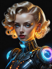 futuristic cyborg woman, neon lights, generative ai illustration