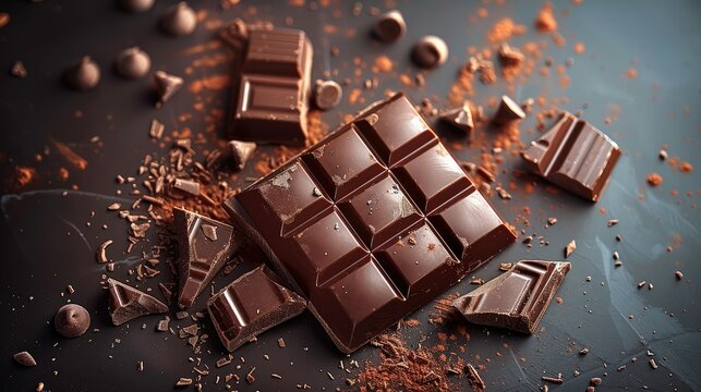 A piece of chocolate, happy world chocolate day, top view. Generative AI.