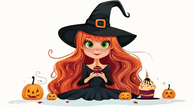Halloween vector illustration of young witch with lon