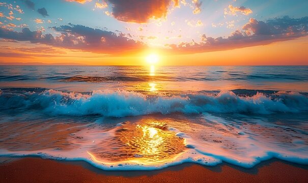 AI Generated Illustration Of A Sunrise On A Sandy Beach At Sunset With Ocean Waves