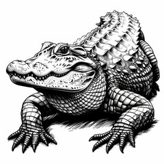A detailed line drawing of an alligator.