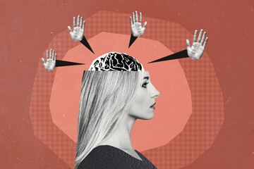Composite photo collage of young girl cut head brain organ propaganda brainwash hands palm...