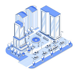 District of banks and office centers - vector isometric illustration. Finance and work in modern city, fountain, park area with benches, roadway with cars and buses. Image of the street in blue tones
