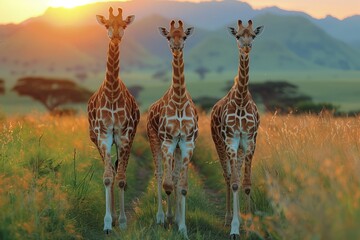 Three Giraffidae gracefully wander through the grassy field at sunset, under the colorful sky filled with fluffy clouds, blending harmoniously with the natural landscape