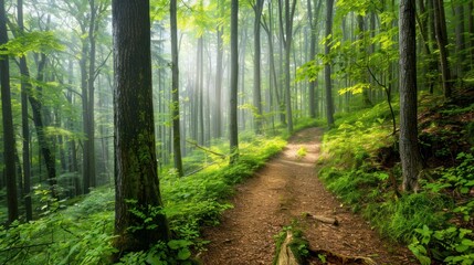 Beautiful young forest with a trail for walking - obrazy, fototapety, plakaty