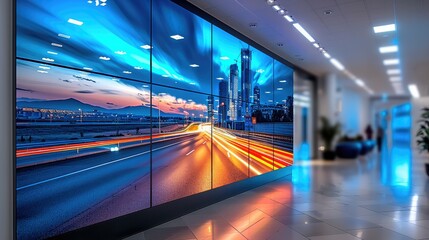 A large digital wall screen in an office displayed a road in the background, The big LED display with a white frame around the edges. Generative AI.
