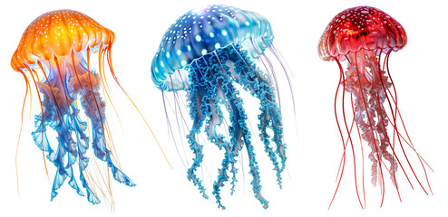 Colourful jellyfish bundle (orange, blue and red), isolated on a white background - obrazy, fototapety, plakaty
