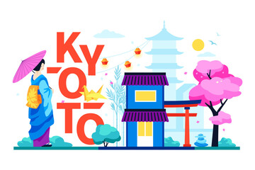 Geisha in Kyoto - modern colored vector illustration with woman in national kimono with paper umbrella and ancient architecture. Shinto shrine, cherry blossoms, Torii gate, japanese culture idea