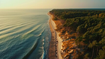 Curonian Spit wth Baltic sea coastline on sunset. Kurshskaya kosa national park near Zelenogradsk. Kaliningrad region. Aerial view