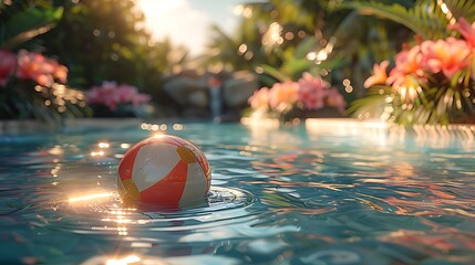 a colorful beach ball floating playfully on the glistening surface of a luxury swimming pool, surrounded by tropical foliage and vibrant flowers - Powered by Adobe