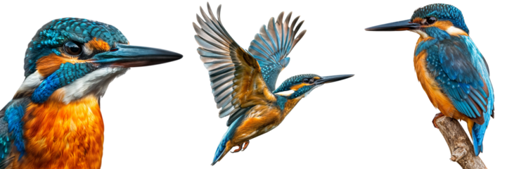 Kingfisher bird colelction, portrait, flying and sitting on a branch, isolated on a transparent background