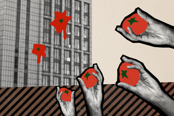 Composite photo collage of hands throw tomato demonstration strike building government protest...