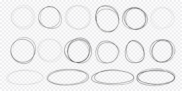 Circle scrible circular frame, fast mark, pencil line doodle frame. Ring, oval sketch highlight sphere on transparent background. 