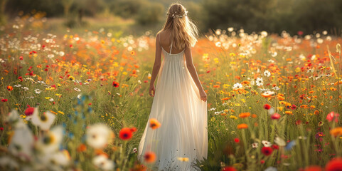 A young girl in long white dress, walking through a beautiful and amazing field of colorful flowers. Generative AI.