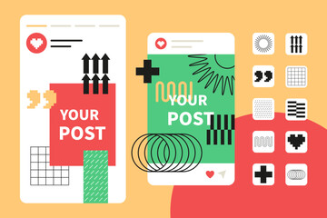 New blog post - social media screens templates illustration and icons. Make a unique offer, beautifully present information to subscribers. Online communication, promotion and advertising idea