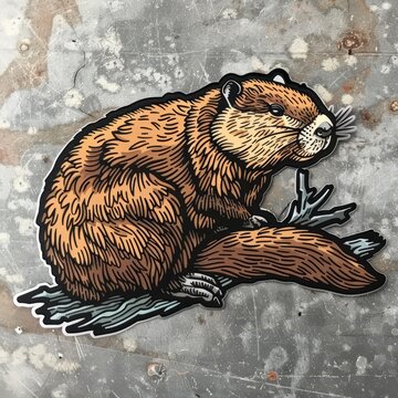A vector illustration of a beaver, sitting on a log, facing the viewer. The beaver is brown and the log is blue.