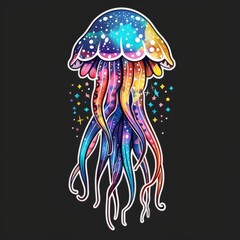 A watercolor painting of a jellyfish with a galaxy inside it. The jellyfish is blue, purple, and pink. It has long, flowing tentacles. The background is black.